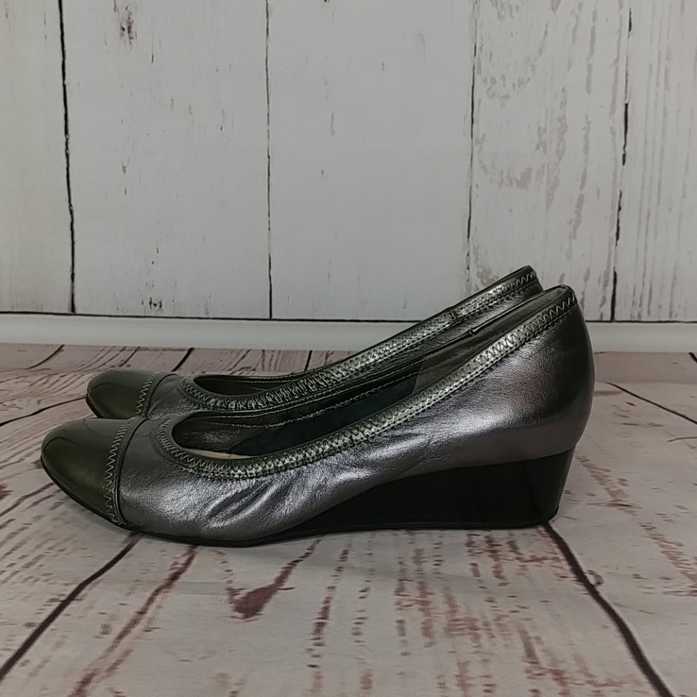Cole Haan Metallic Silver and Dark Green Wedge Flats